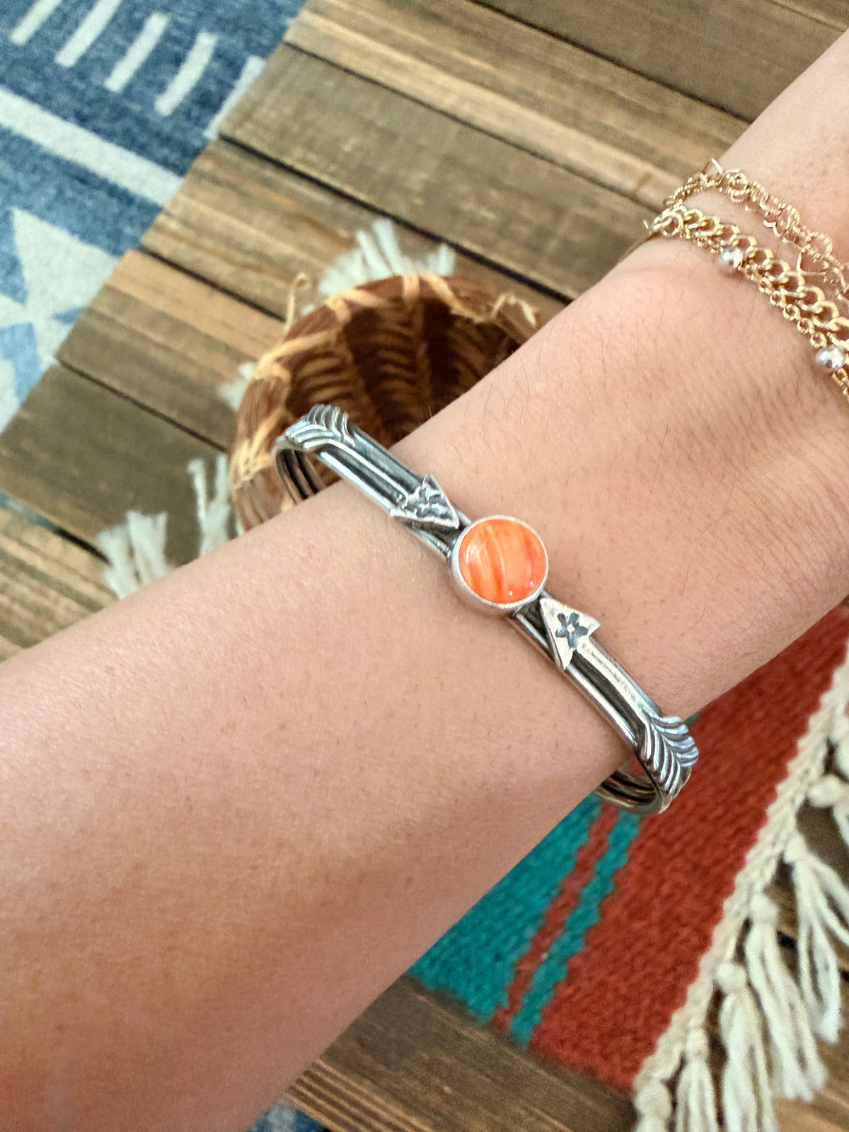 Handcrafted Sterling Silver & Orange Spiny Oyster Arrow Cuff Bracelet