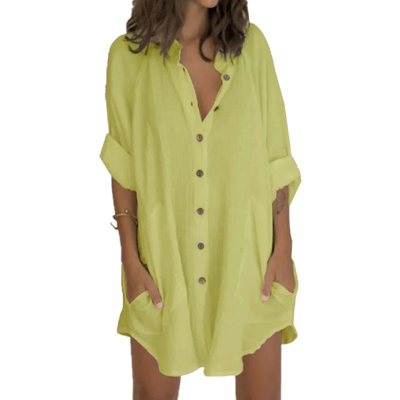 2021 Women Clothing Breasted Mid-Length Short Sleeve Loose Shirt