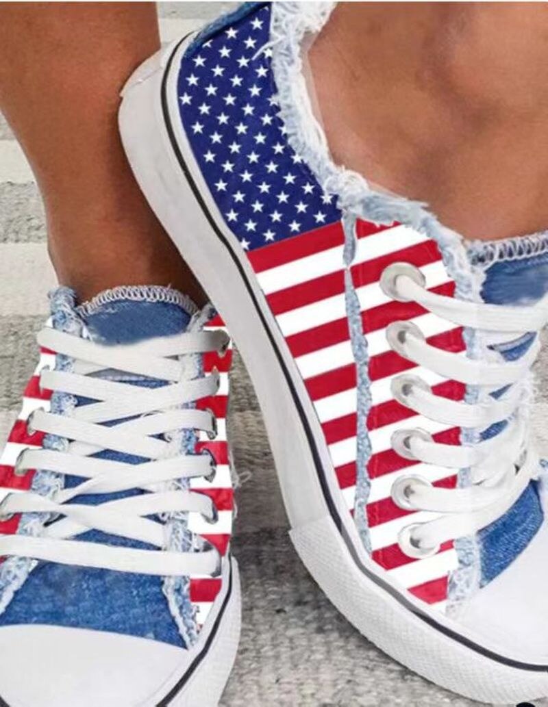 Red White & Blue Round Toe Casual Canvas Shoes Flat Sneakers Shoes