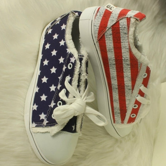 Red White & Blue Round Toe Casual Canvas Shoes Flat Sneakers Shoes