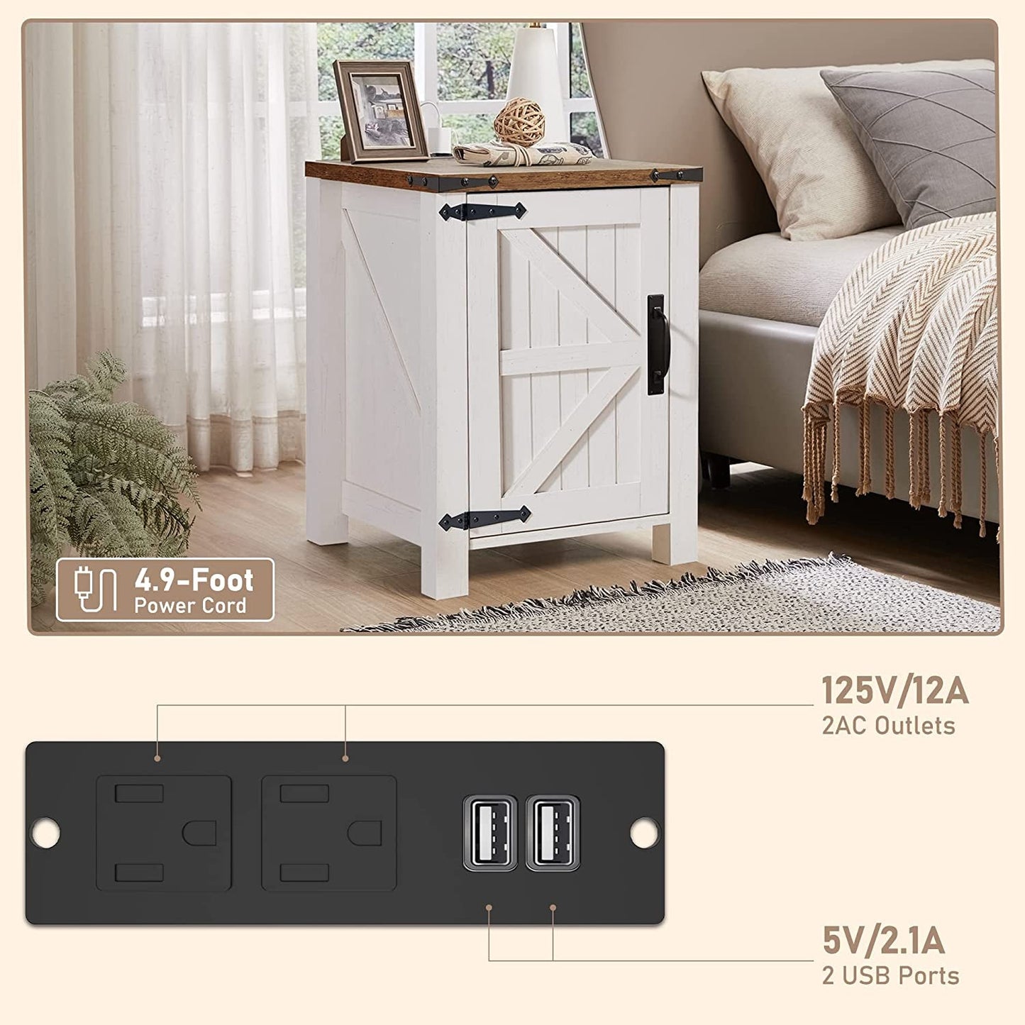 Farmhouse Nightstand With Charging Station Antique Finish