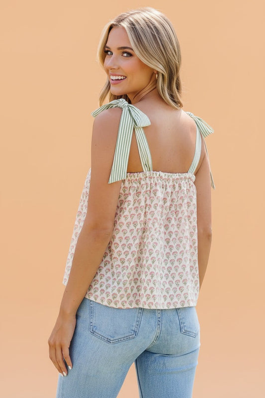 Floral Stripe Tie Strap Babydoll Tank Top