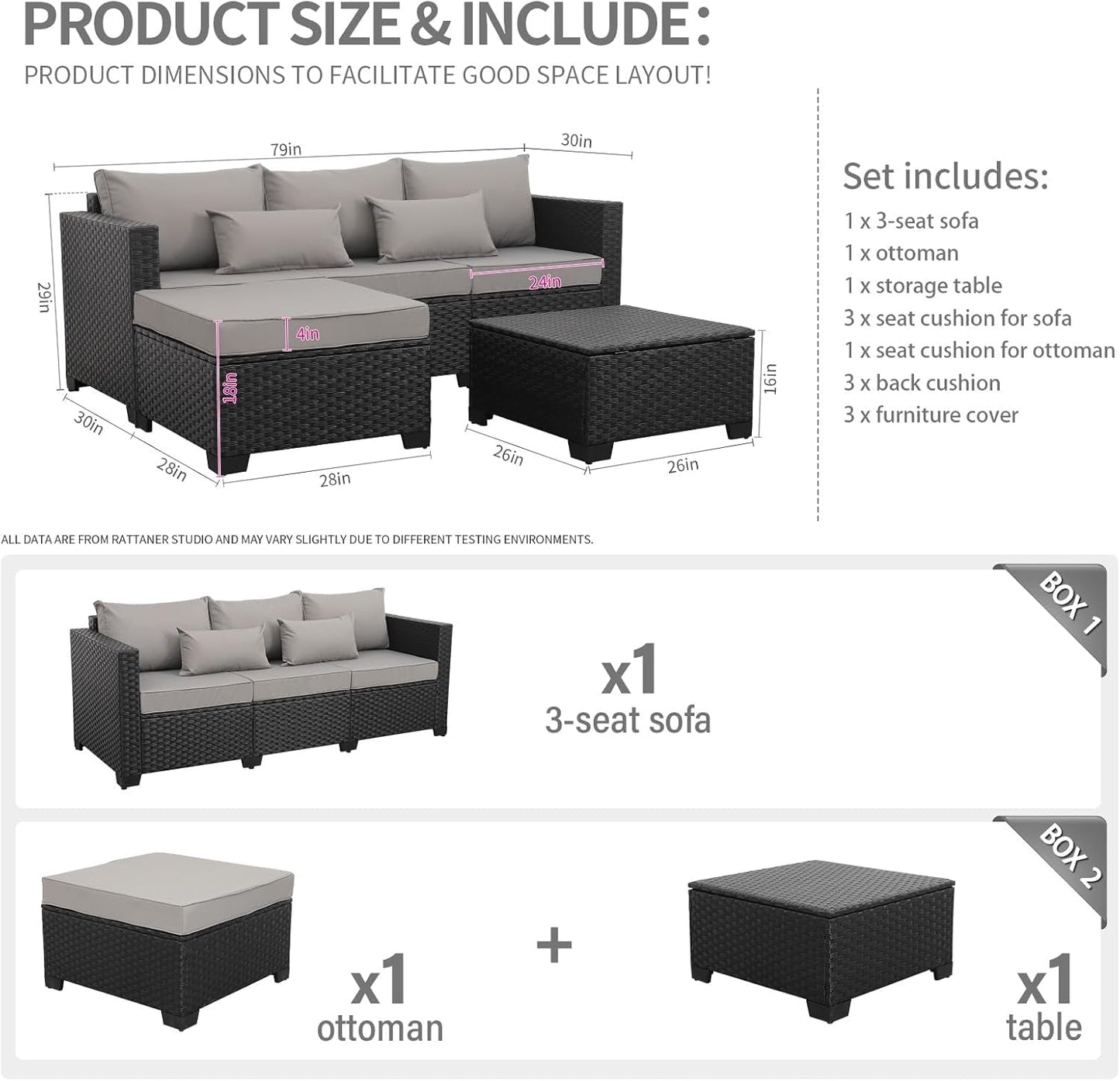 3 Piece Patio Furniture Set Outdoor Sectional With Ottoman And Storage