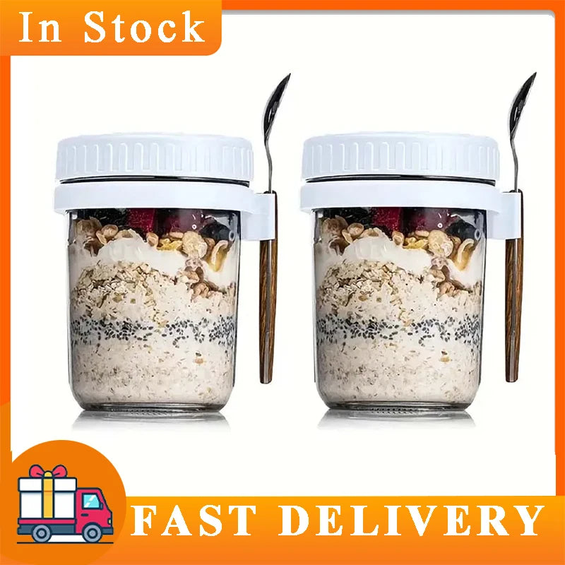 Overnight Oats Container with Lid and Spoon Portable Breakfast Oatmeal Cereal Nut Yogurt Cup 300ML Fruit Salad Food Storage Box