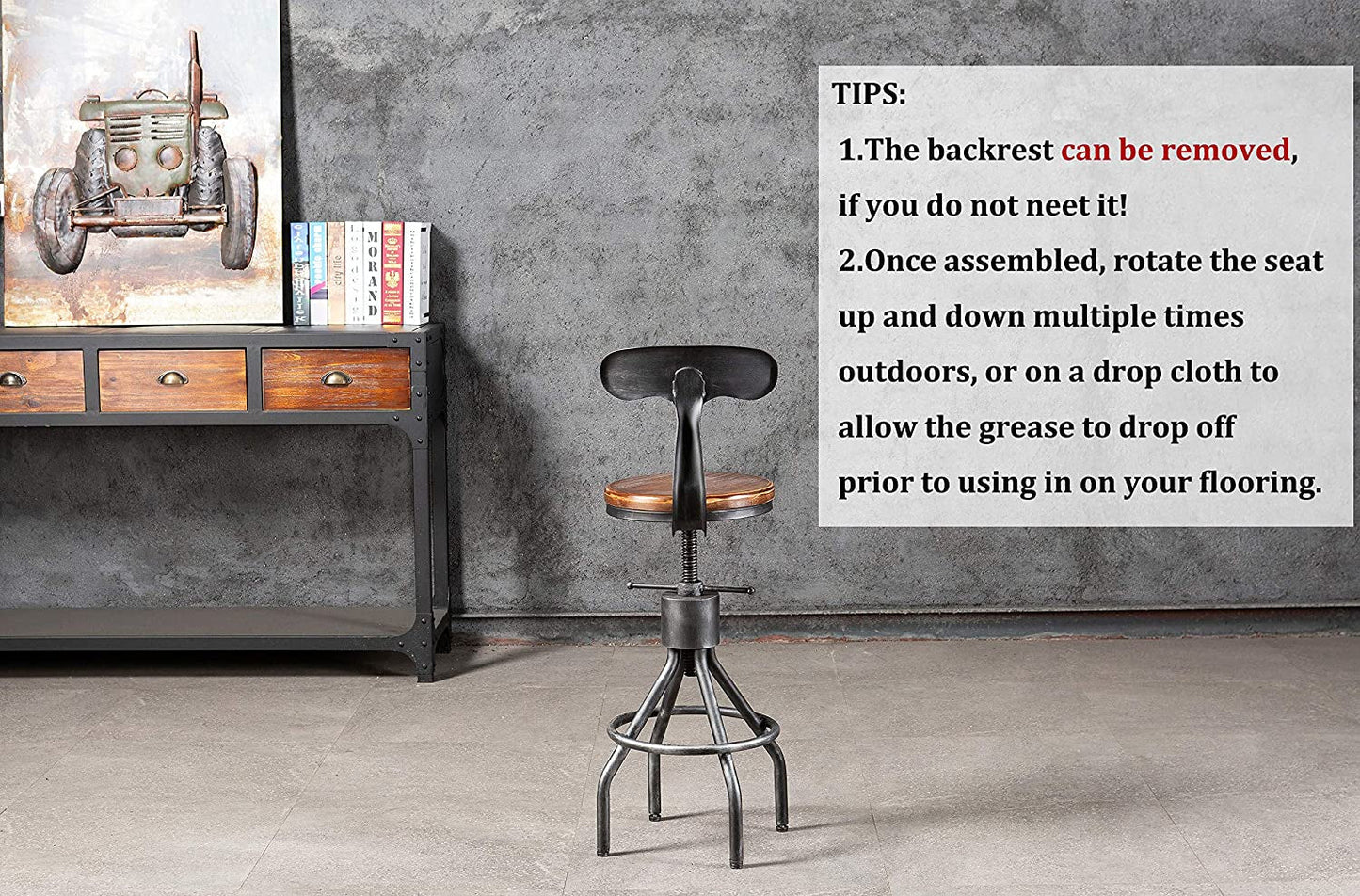 Adjustable Rustic Industrial Bar Stool - Brown Seat - Set of 2.