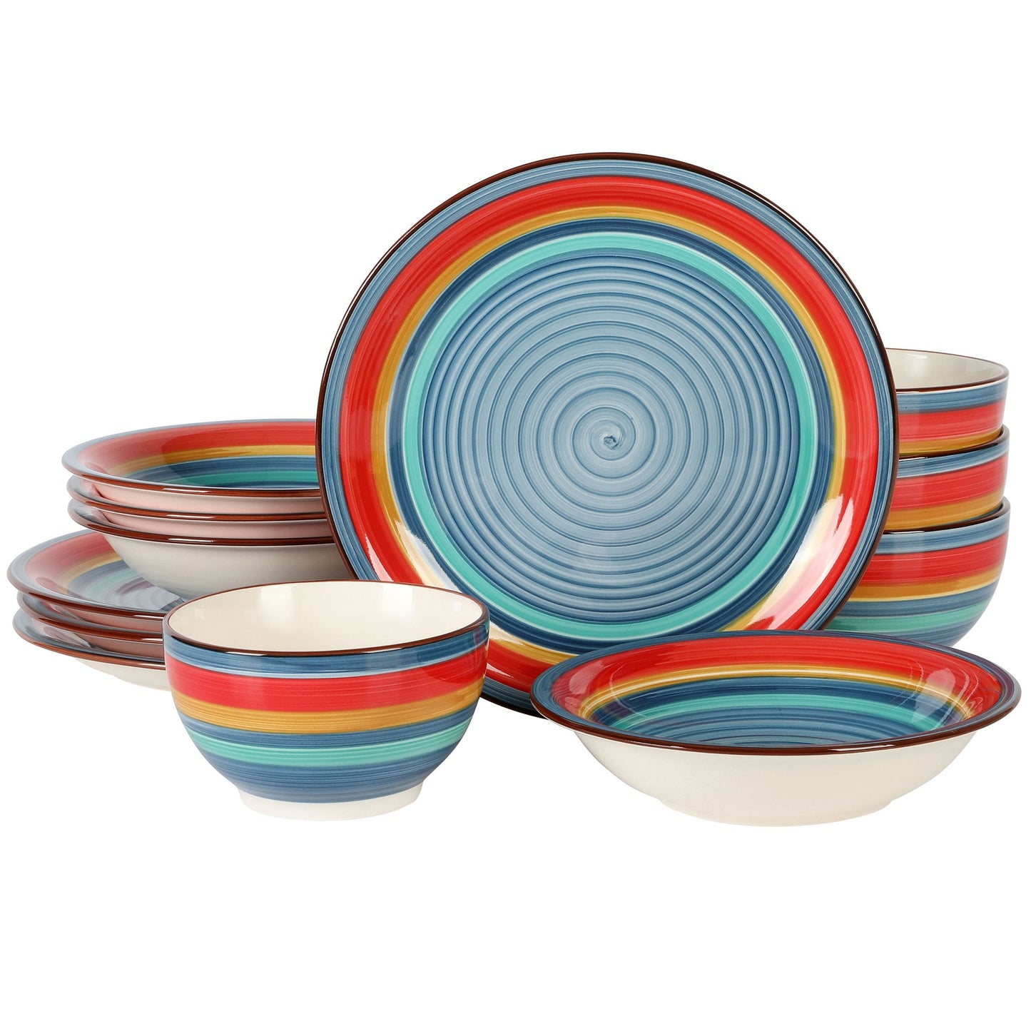 Gibson Home Rainbow -12 Piece Stoneware Dinnerware Set in Blue Multi.