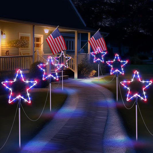 Outdoor Solar Pathway Lights Red White and Blue Star Lights for