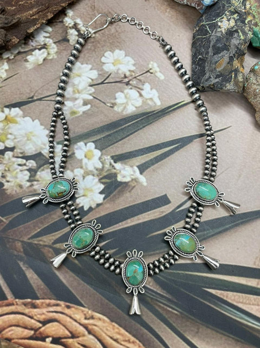 Handmade Sterling Silver Kingman Turquoise Beaded Blossom Necklace "Signed Nizhoni"
