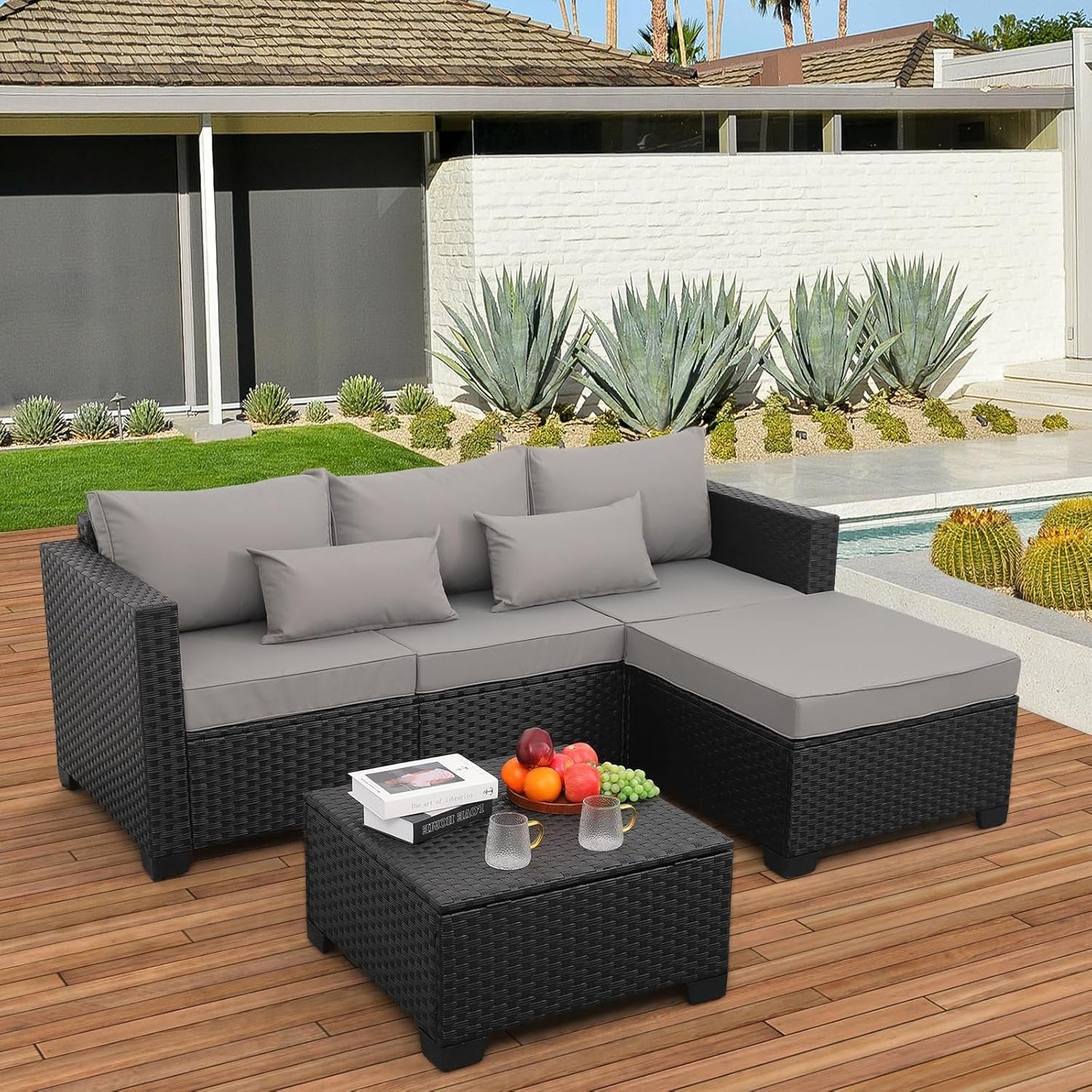3 Piece Patio Furniture Set Outdoor Sectional With Ottoman And Storage