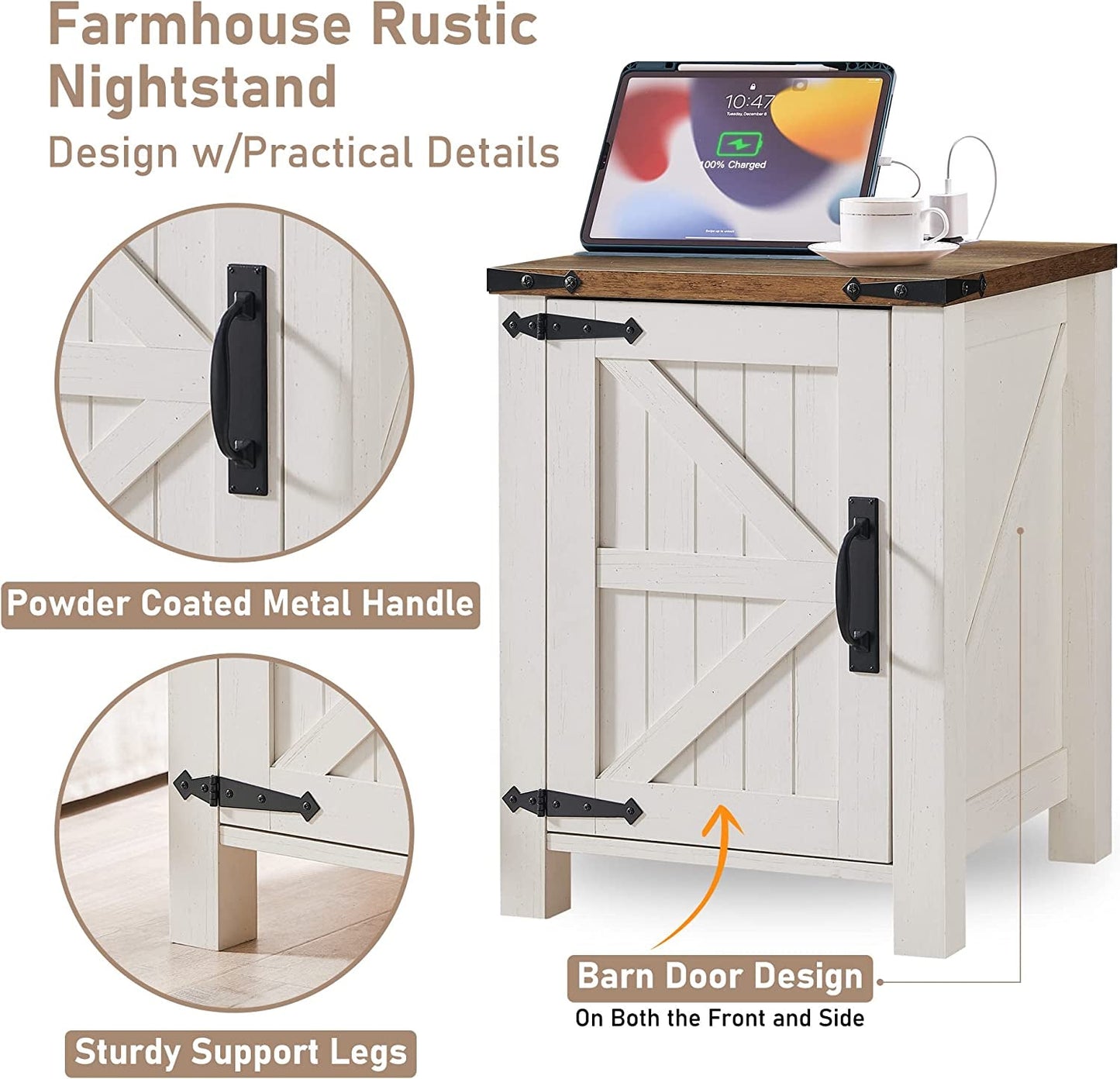 Farmhouse Nightstand With Charging Station Antique Finish