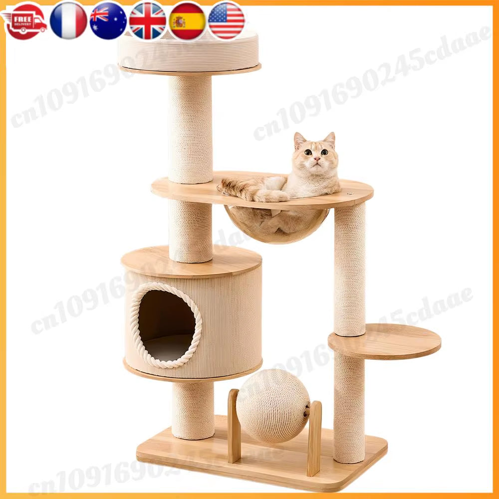 Cute Cat Climbing Tree Tower with Bed - Wear Resistant Multi-Level Cat Furniture 