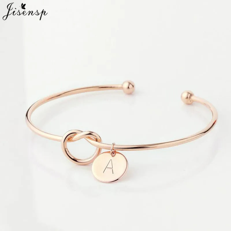 Jisensp Personalize A-Z Knot Initial Bracelets Bangles 26 Letter Open Armband Cuff Bangle for Women Bridesmaid Jewelry Pulseira