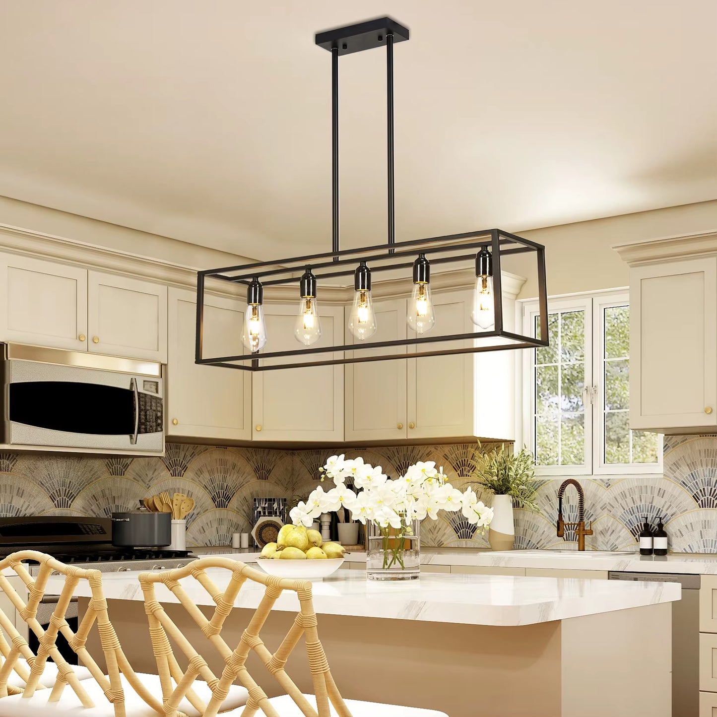 5-Light Farmhouse Chandelier, Rustic Ceiling Hanging Lamp, Industrial Pendant Lighting for Kitchen Island Dining Room Foyer