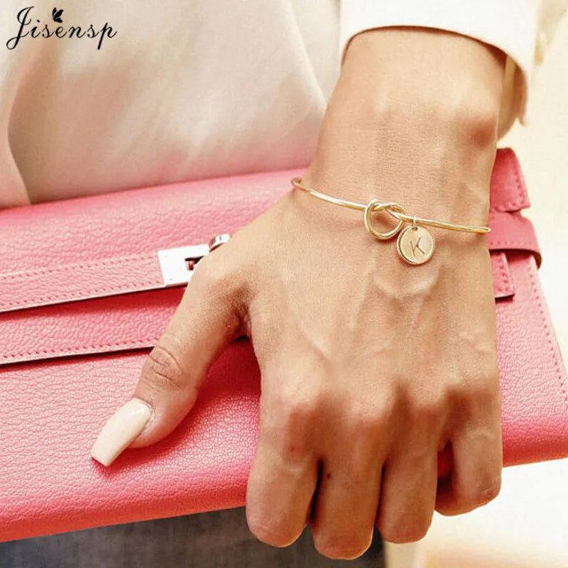 Jisensp Personalize A-Z Knot Initial Bracelets Bangles 26 Letter Open Armband Cuff Bangle for Women Bridesmaid Jewelry Pulseira