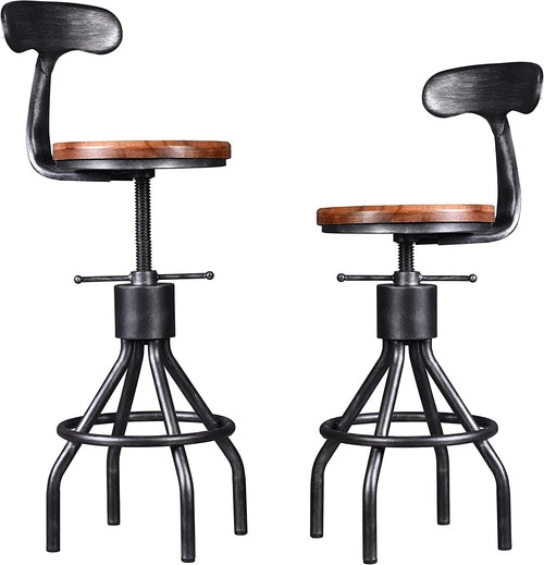Adjustable Rustic Industrial Bar Stool - Brown Seat - Set of 2.