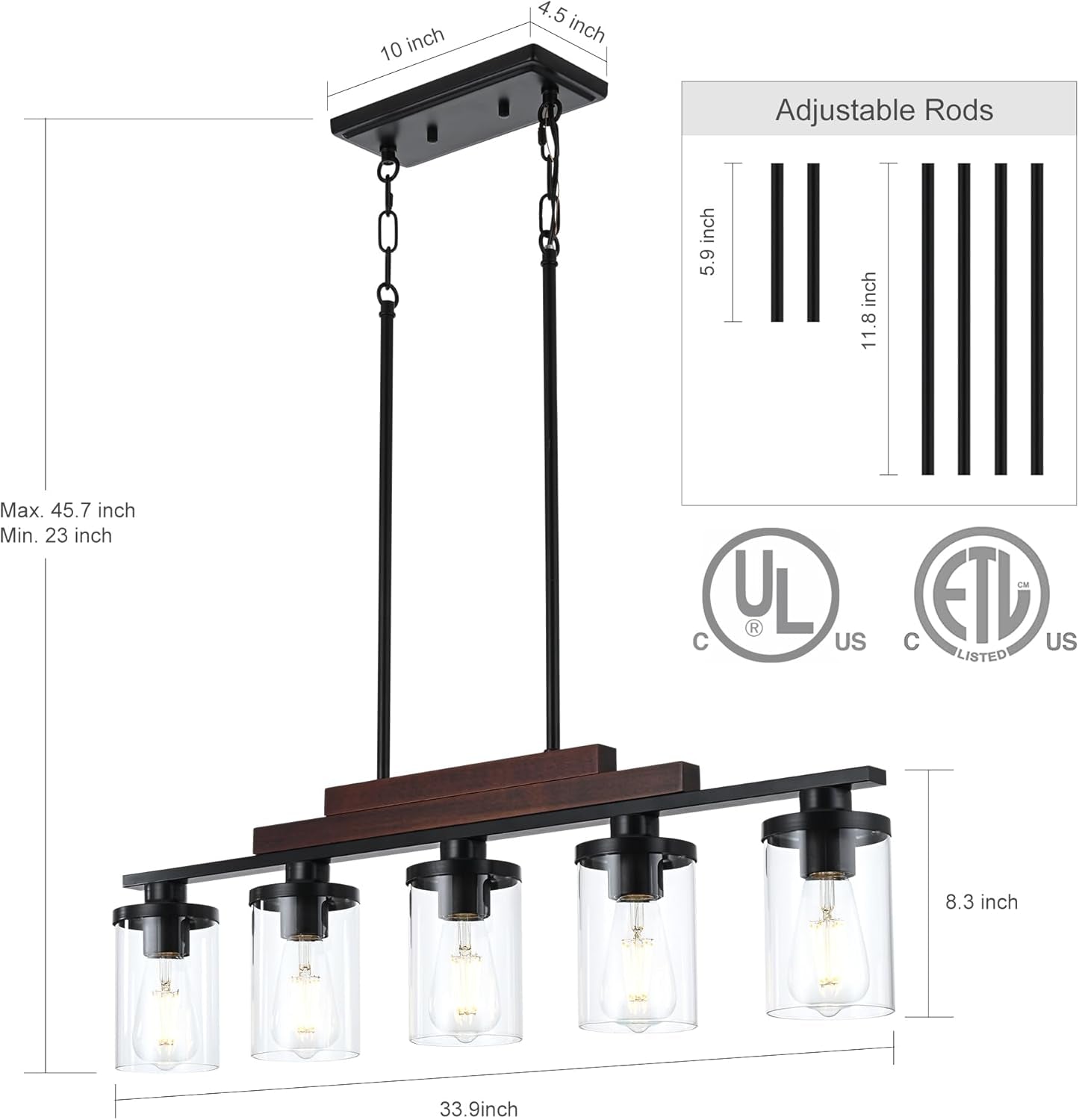Five-Light Farmhouse Linear Chandelier With Rustic Wood