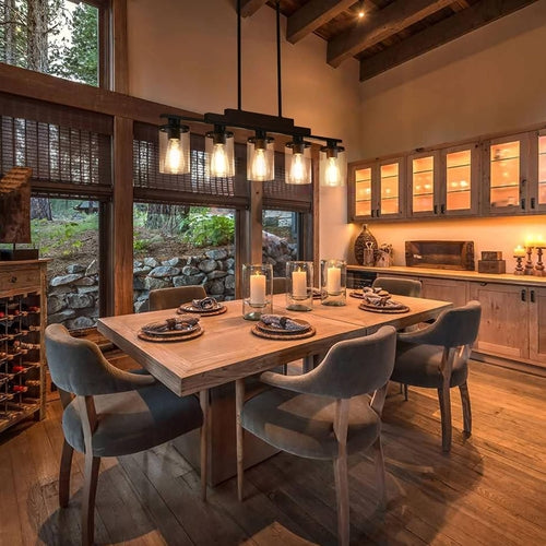 Five-Light Farmhouse Linear Chandelier With Rustic Wood
