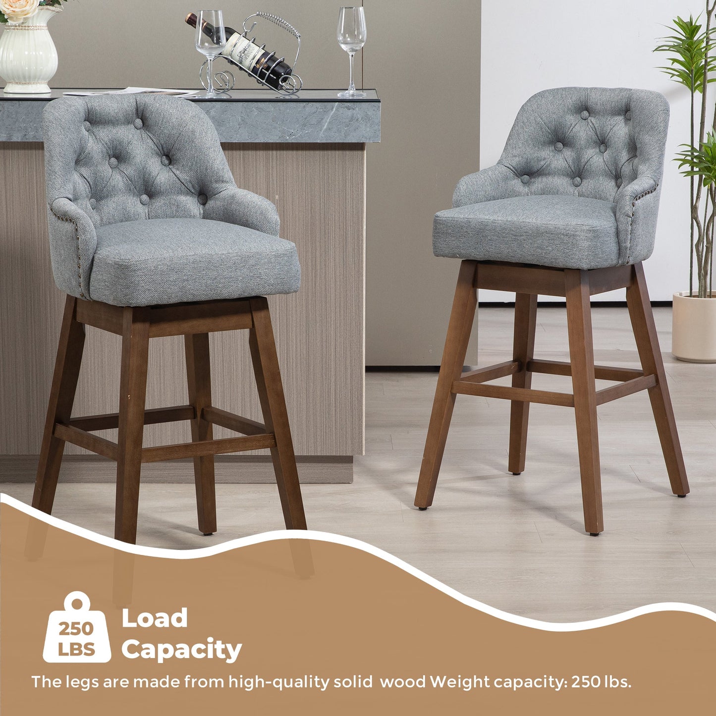 Bar Stools Set of 2 - Counter Height Chairs with Footrest for Kitchen