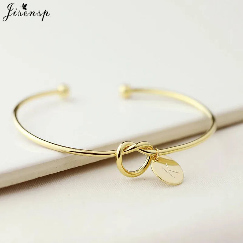 Jisensp Personalize A-Z Knot Initial Bracelets Bangles 26 Letter Open Armband Cuff Bangle for Women Bridesmaid Jewelry Pulseira