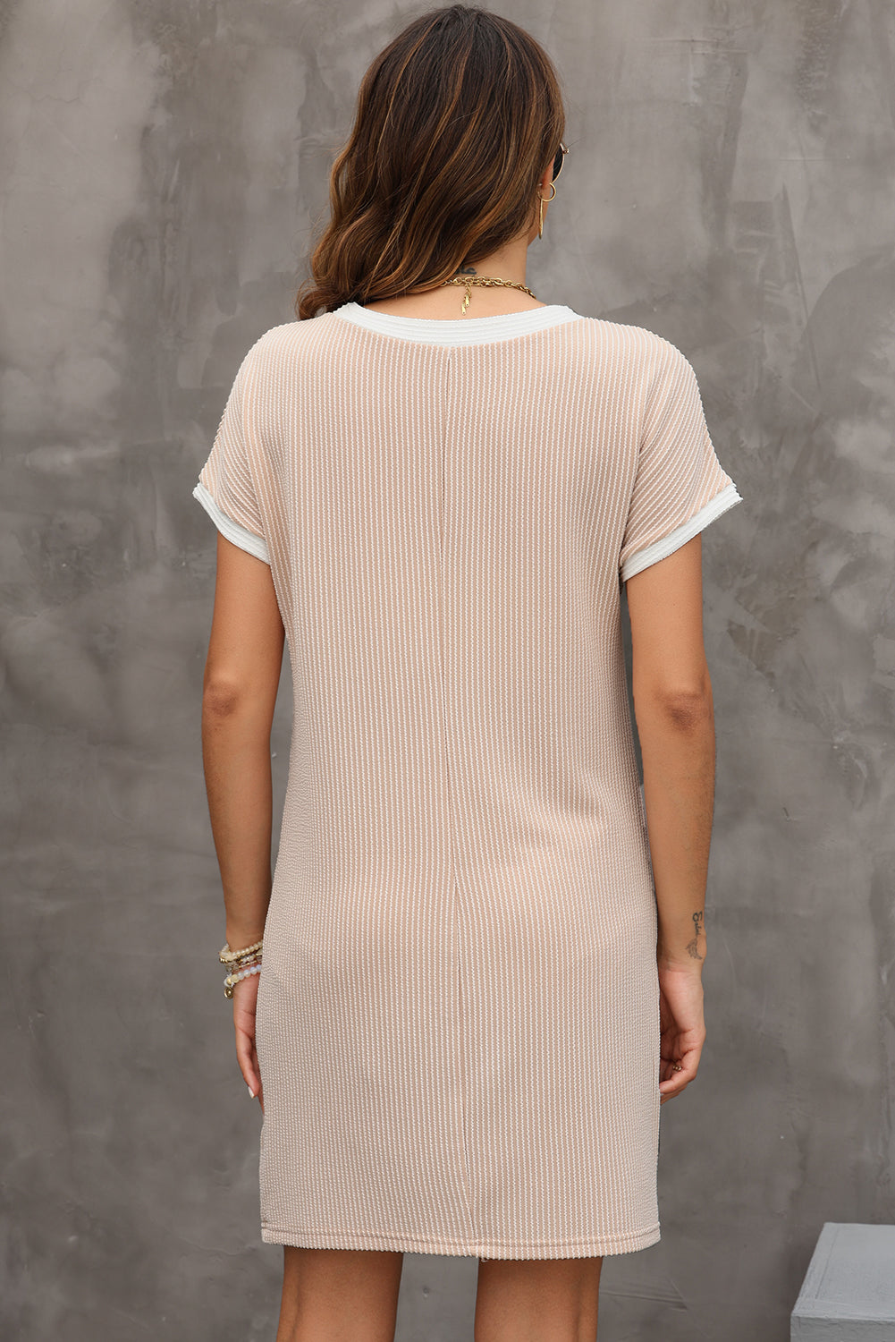 Colorblock Corded Knit Chest Pocket T-Shirt Dress
