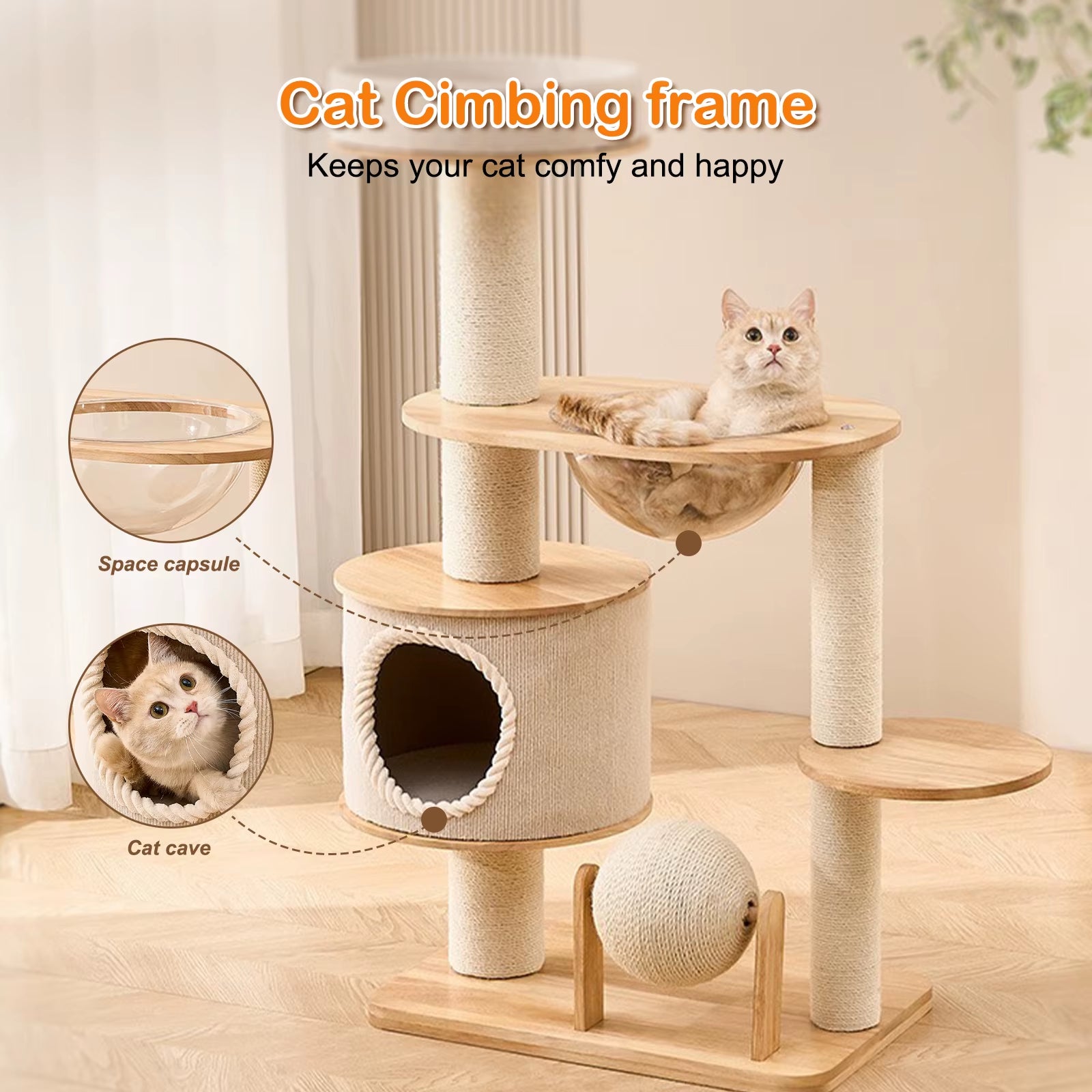 Cute Cat Climbing Tree Tower with Bed - Wear Resistant Multi-Level Cat Furniture 
