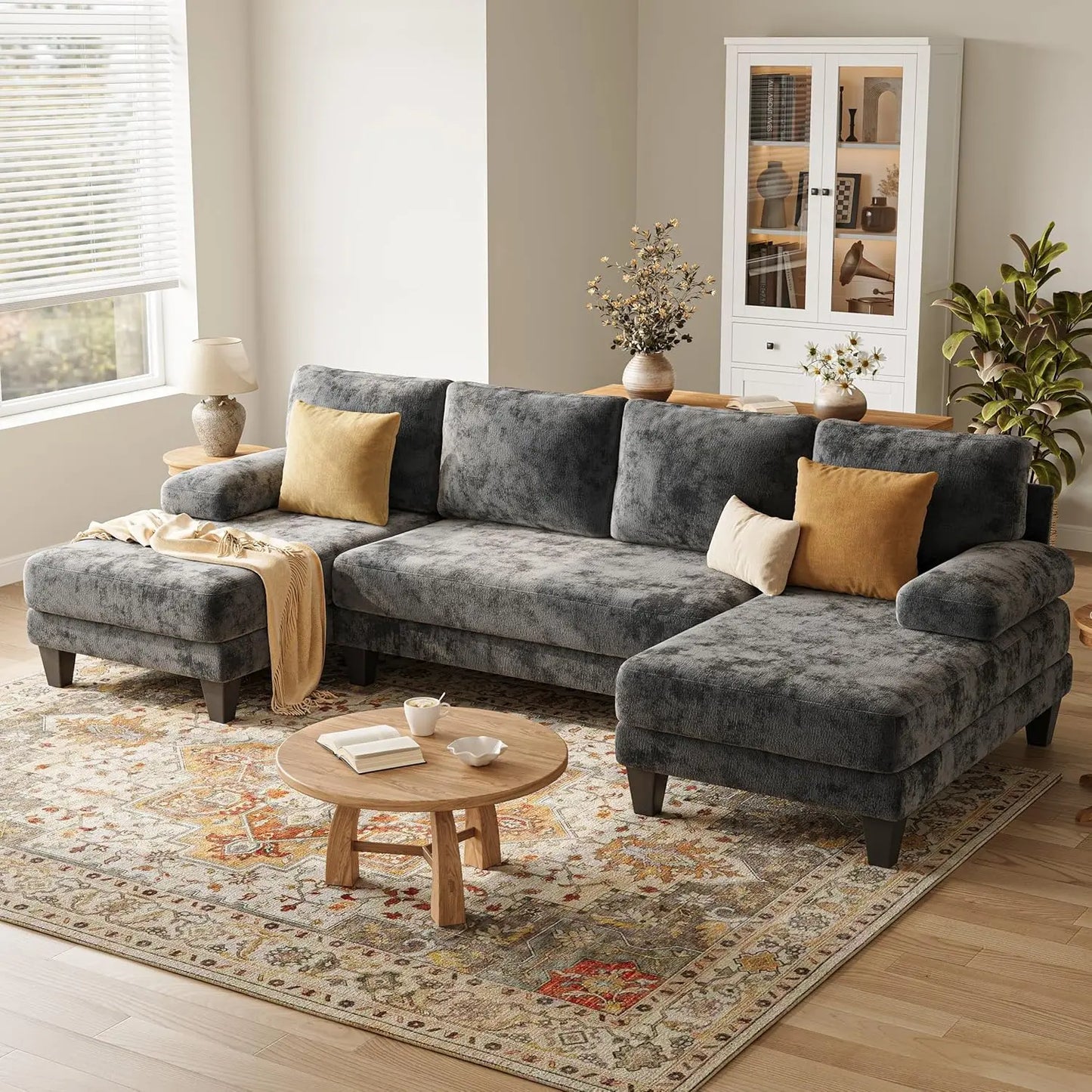 U-Shaped Sectional Couches for Living Room | Chenille Sofa with Double Chaise | 112 Inch Dark Grey Sectionals Couch, Customized