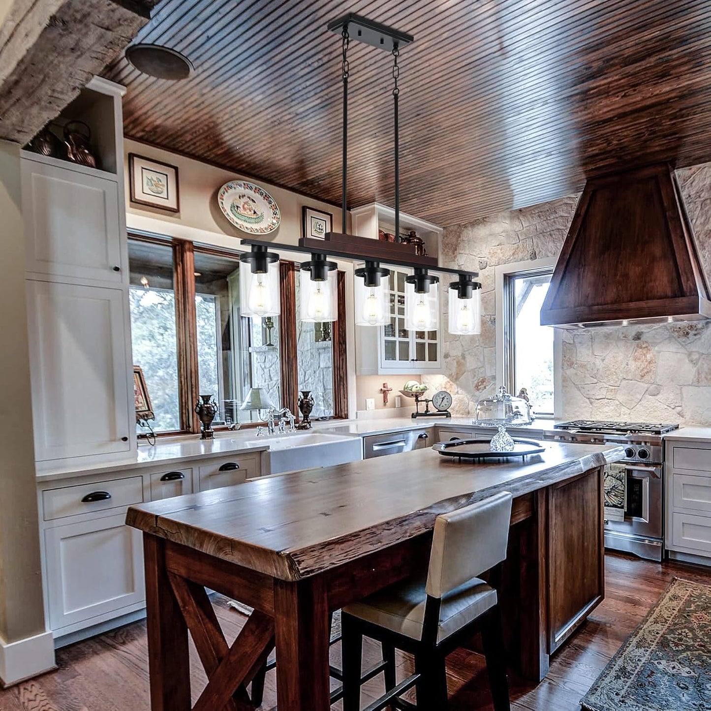 Five-Light Farmhouse Linear Chandelier With Rustic Wood