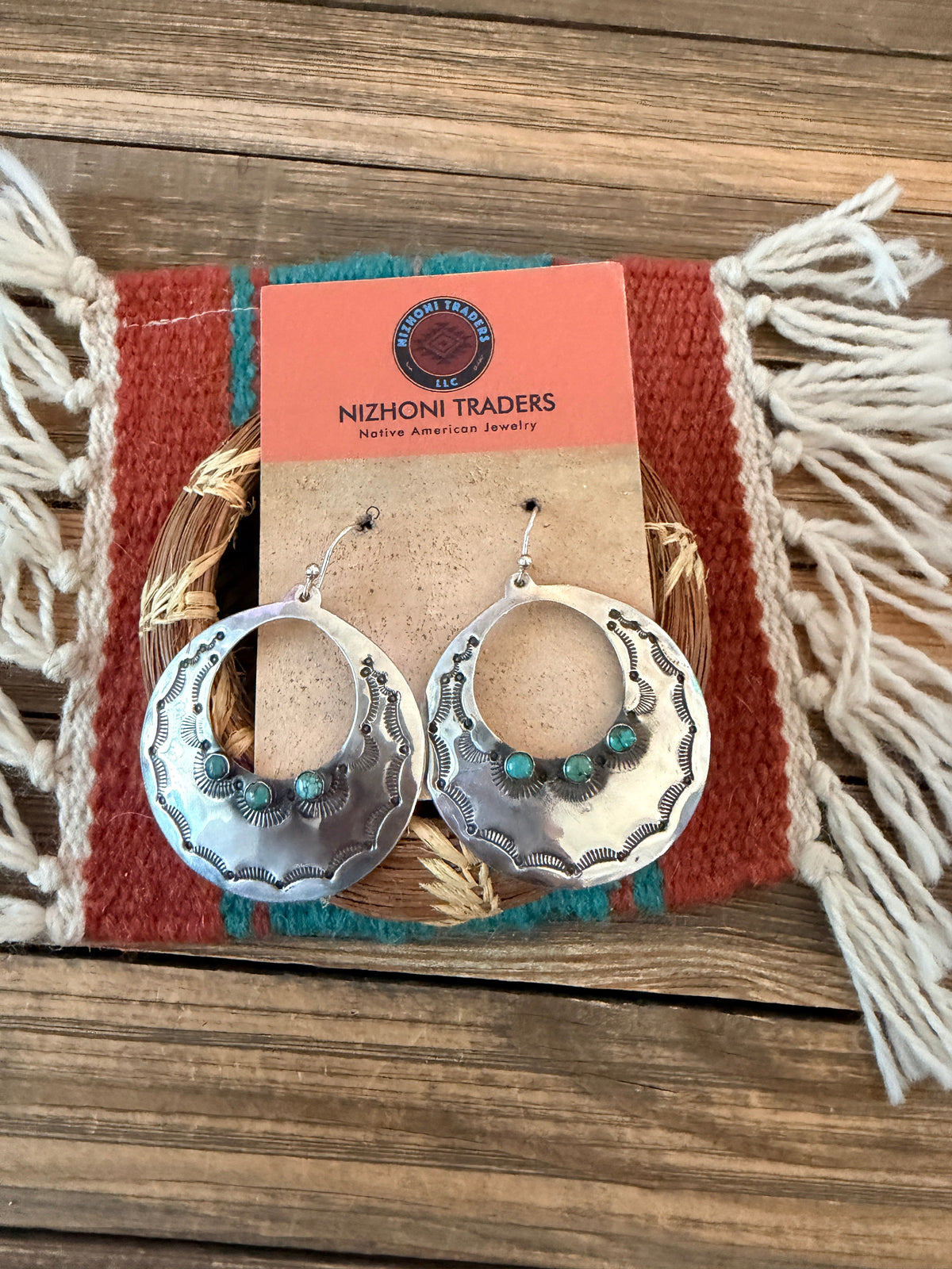 Handmade Sterling Silver & Turquoise Concho Dangle Earrings by Kimari Somers