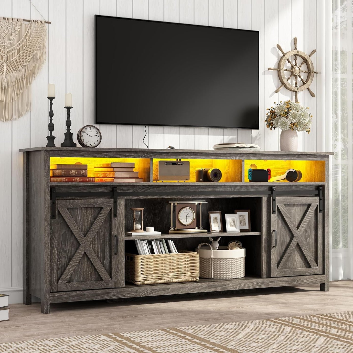 Wooden Farmhouse TV Stand 70 Inch With Double Storage