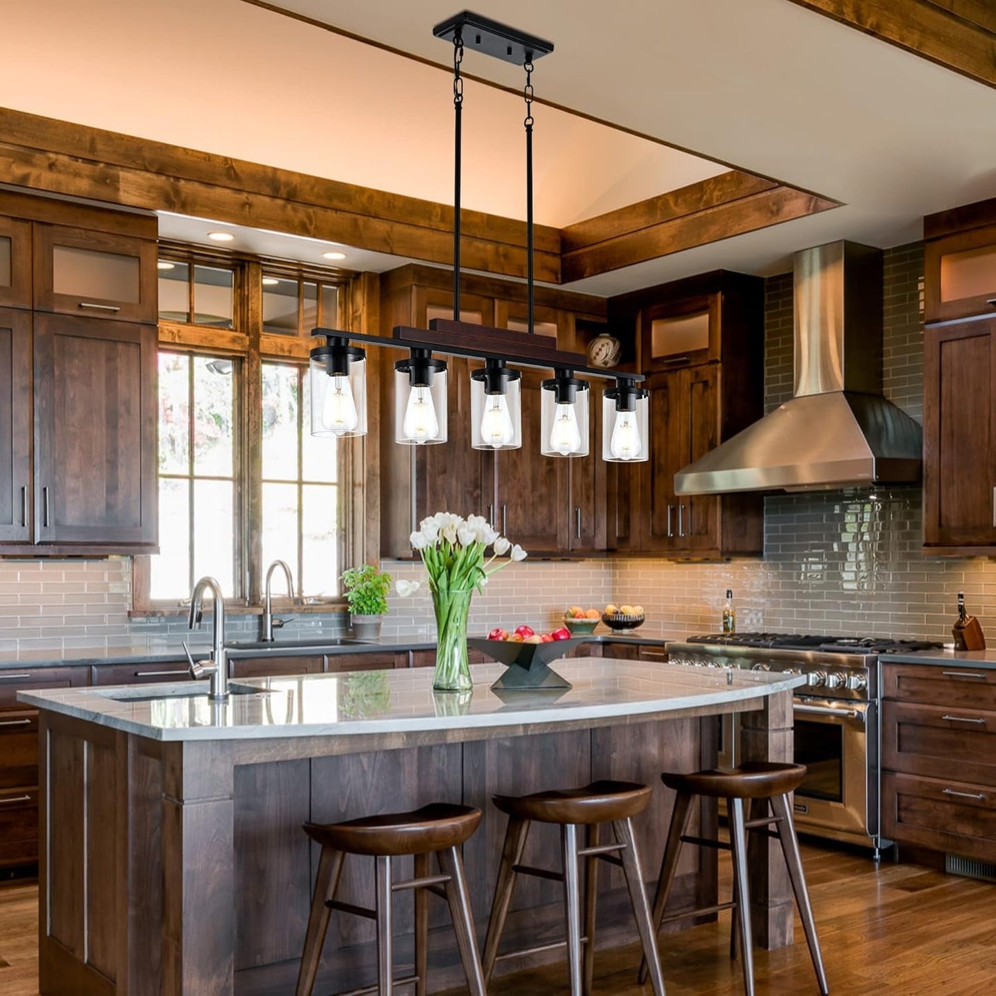 Five-Light Farmhouse Linear Chandelier With Rustic Wood
