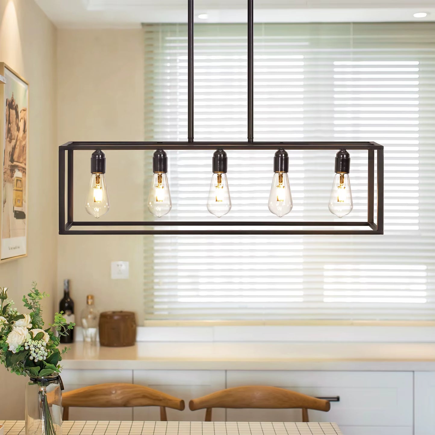 5-Light Farmhouse Chandelier, Rustic Ceiling Hanging Lamp, Industrial Pendant Lighting for Kitchen Island Dining Room Foyer