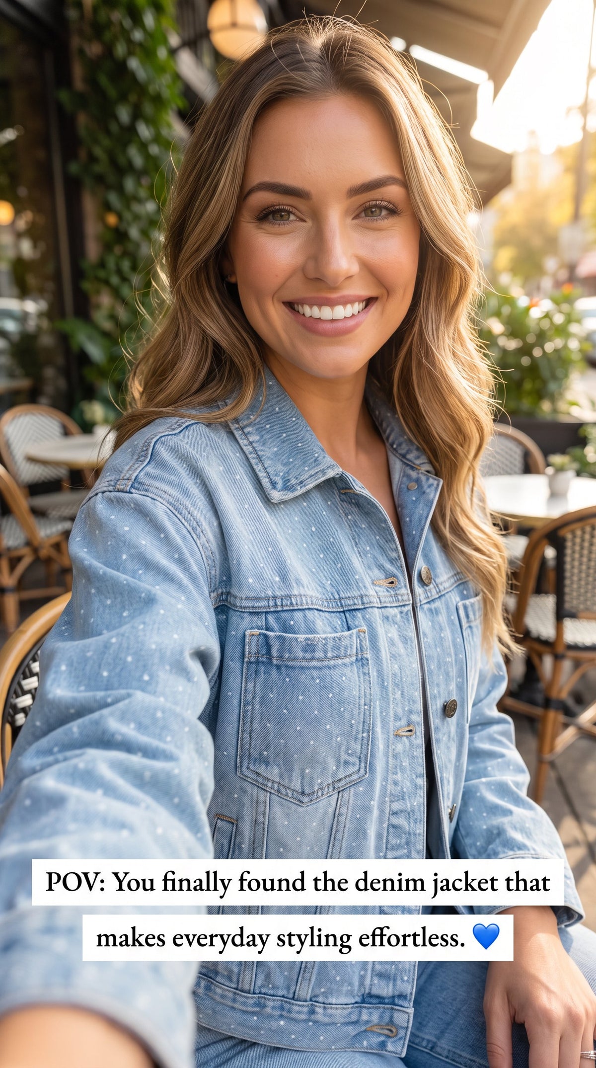 Polka Dot Denim Chest Pocket Collared Jacket