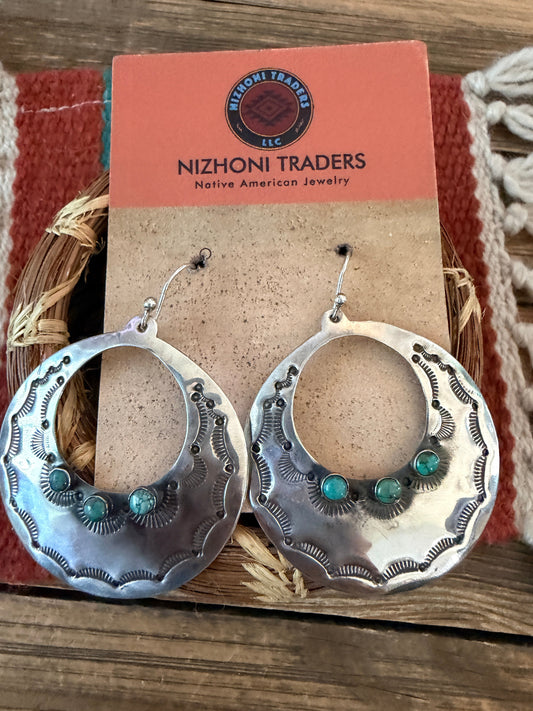Handmade Sterling Silver & Turquoise Concho Dangle Earrings by Kimari Somers