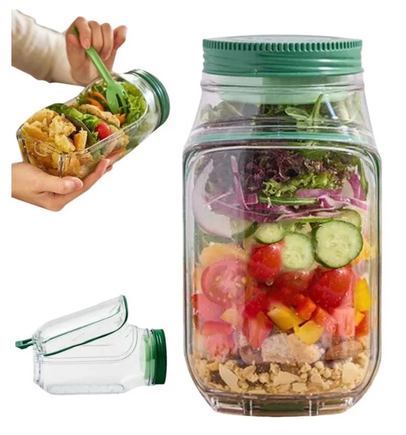 3.9×7.5 Inches Salad Jar Salad Pod Mason Jar Side Open, Made from PP with Leak Proof Dressing Room Microwave Dishwasher Refrigerator Suitable for Cooking and Travel