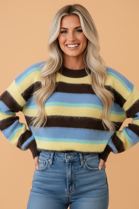 Stripe Fuzzy Knit Round Neck Long Sleeve Sweater