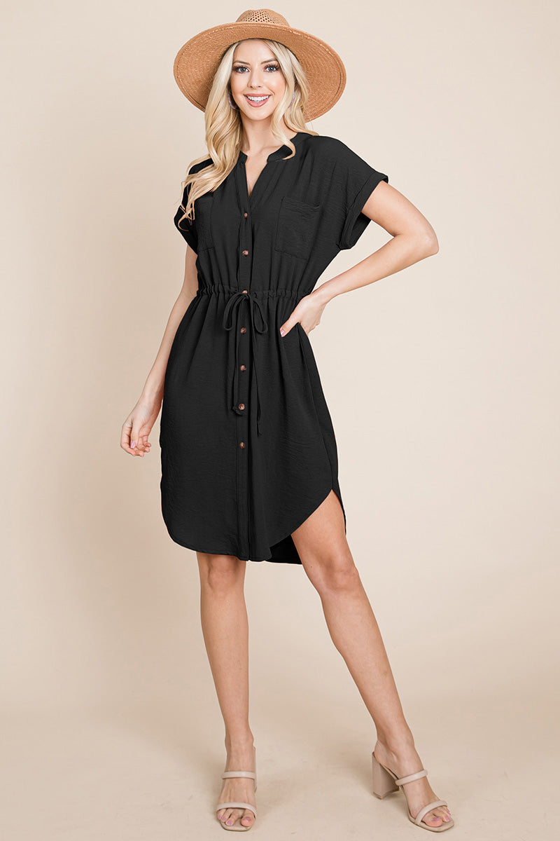 Button Down Solid Drawstring Waist Shirt Dress