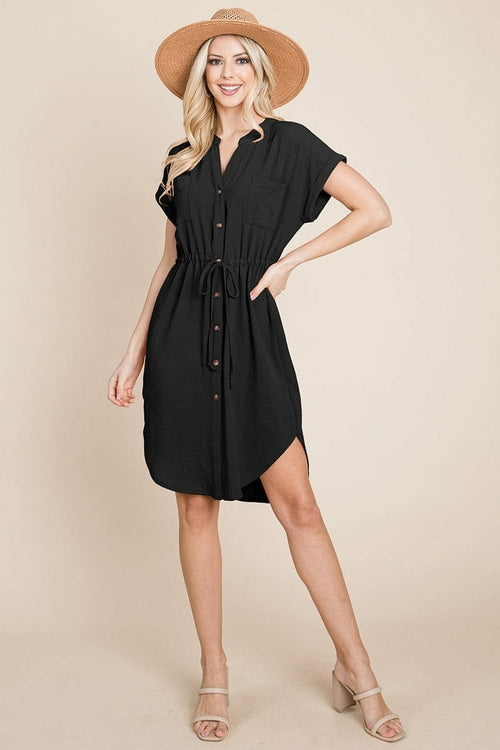 Button Down Solid Drawstring Waist Shirt Dress