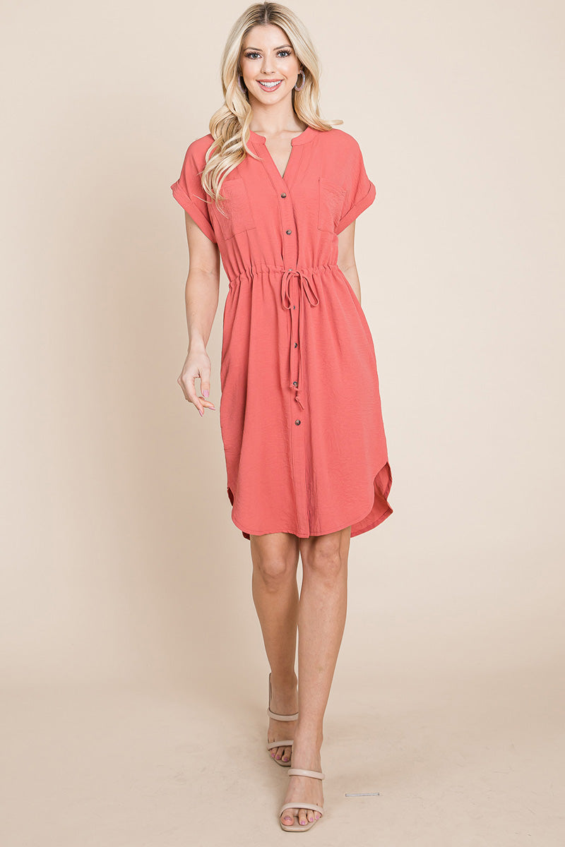 Button Down Solid Drawstring Waist Shirt Dress