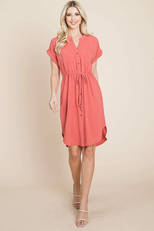 Button Down Solid Drawstring Waist Shirt Dress