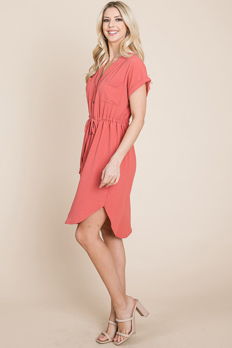 Button Down Solid Drawstring Waist Shirt Dress
