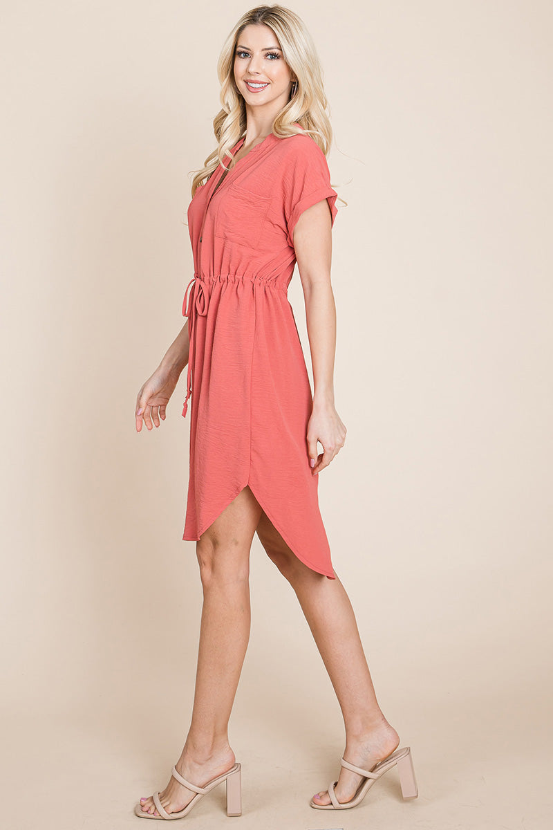 Button Down Solid Drawstring Waist Shirt Dress