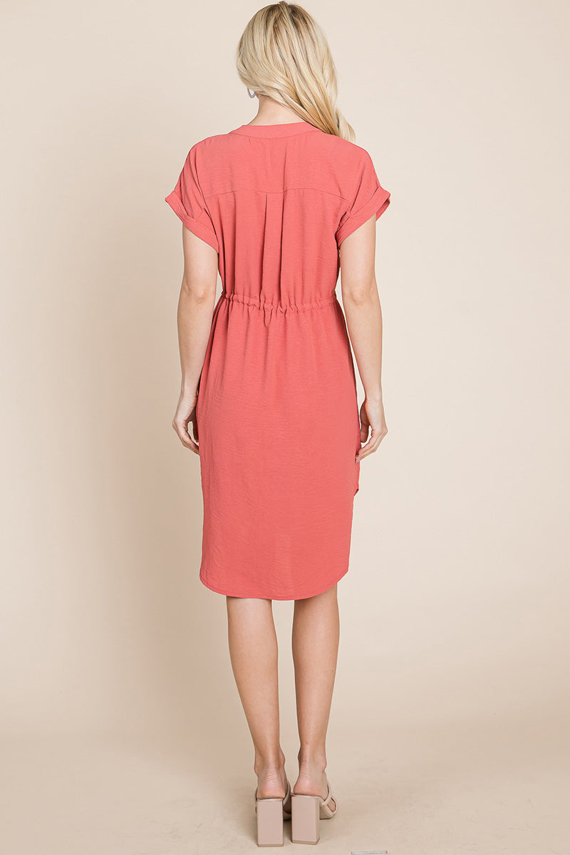 Button Down Solid Drawstring Waist Shirt Dress