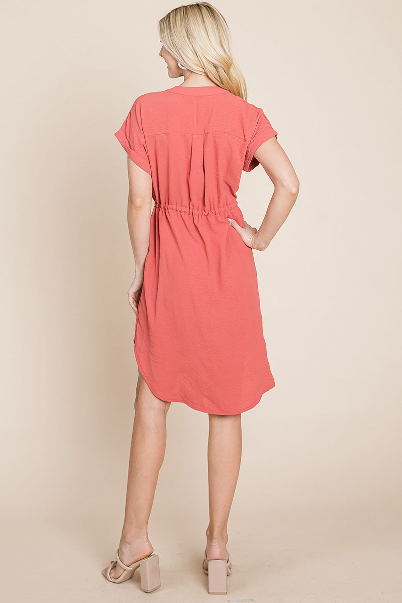 Button Down Solid Drawstring Waist Shirt Dress