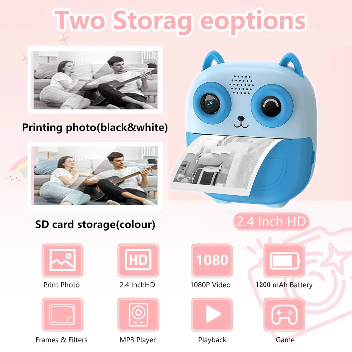 Cute Shape Instant Print Camera, 1080P HD Dual-Lens Camera Instant