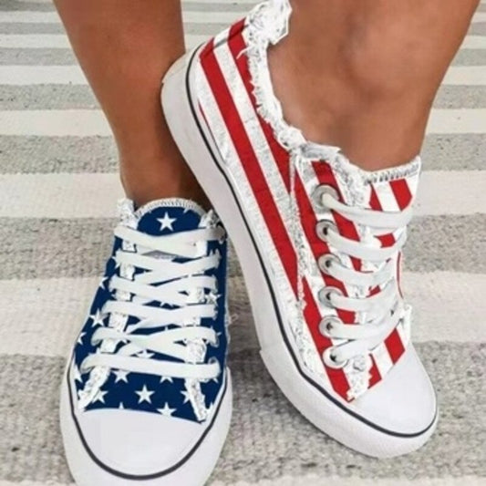 Red White & Blue Round Toe Casual Canvas Shoes Flat Sneakers Shoes