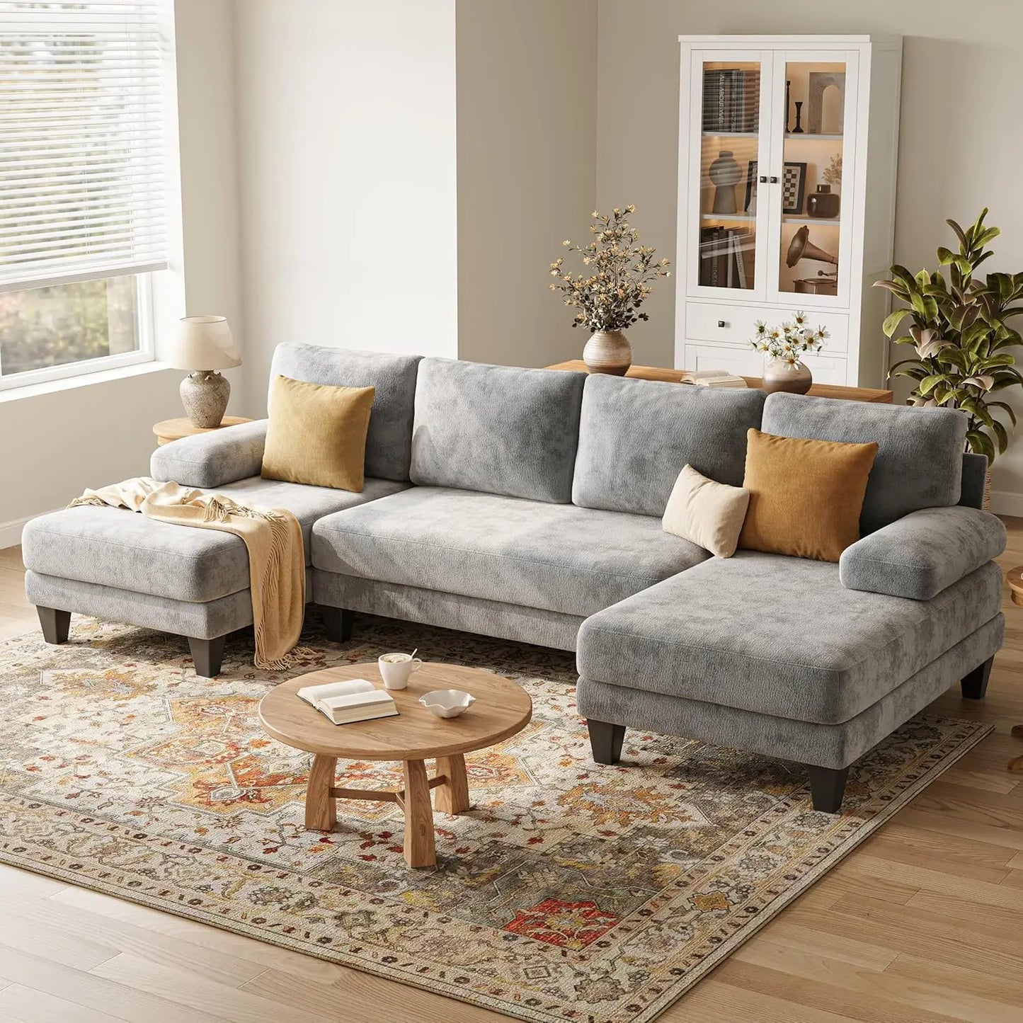 U-Shaped Sectional Couches for Living Room | Chenille Sofa with Double Chaise | 112 Inch Dark Grey Sectionals Couch, Customized