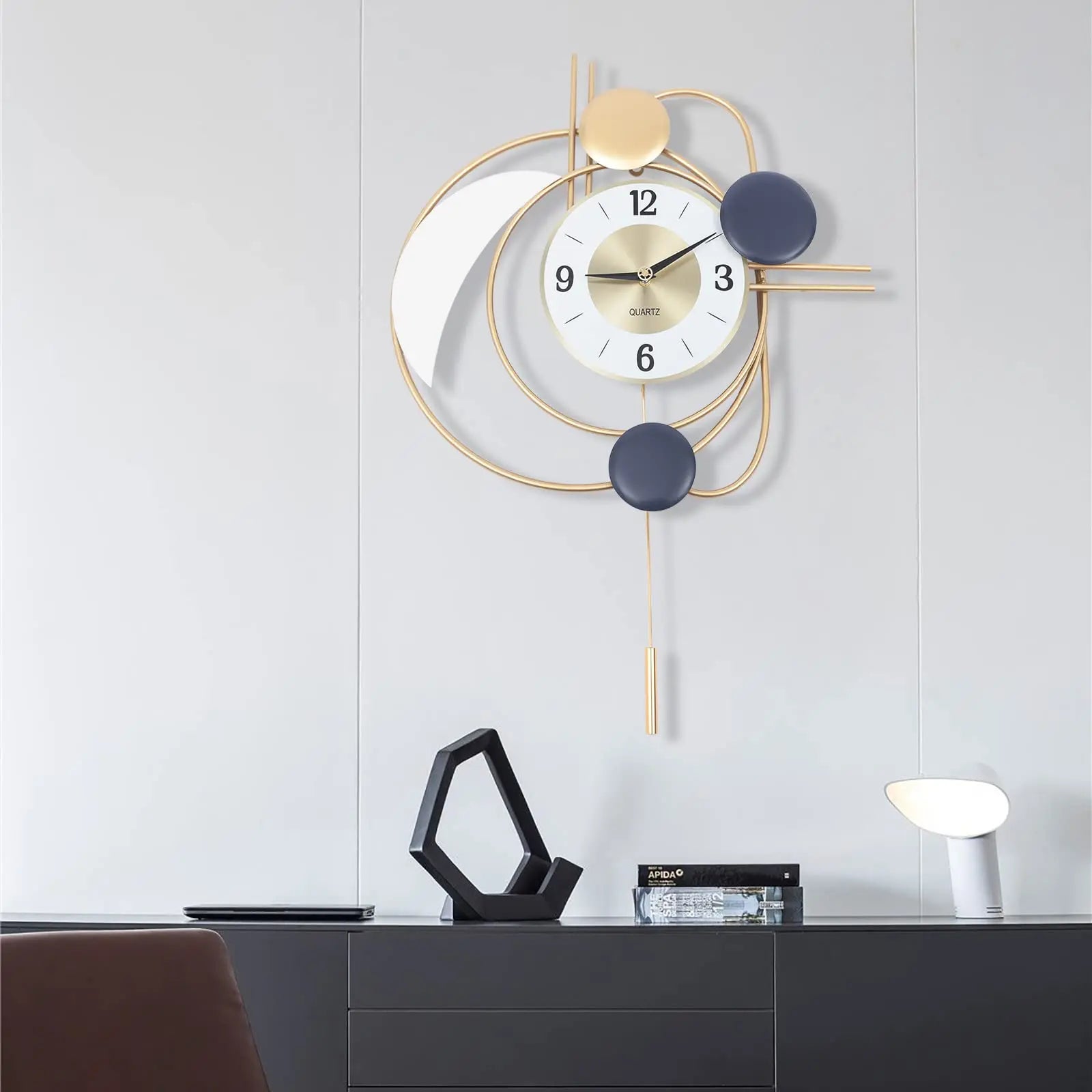Large Modern Metal Wall Clocks Luxury Silent Hanging Clock with Swing Pendulum for Kitchen, Living Room, Bedroom, Wall Art Decor