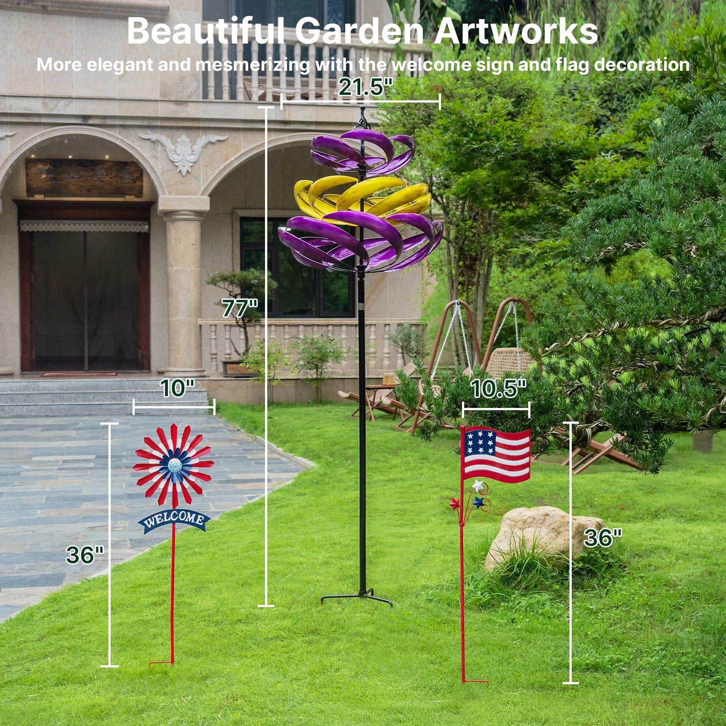 Wind Spinners Outdoor, 77" Large Metal Kinetic Wind Sculptures for Garden, 360 Degrees Swivel Yard Art with 2Pcs Welcome Flag