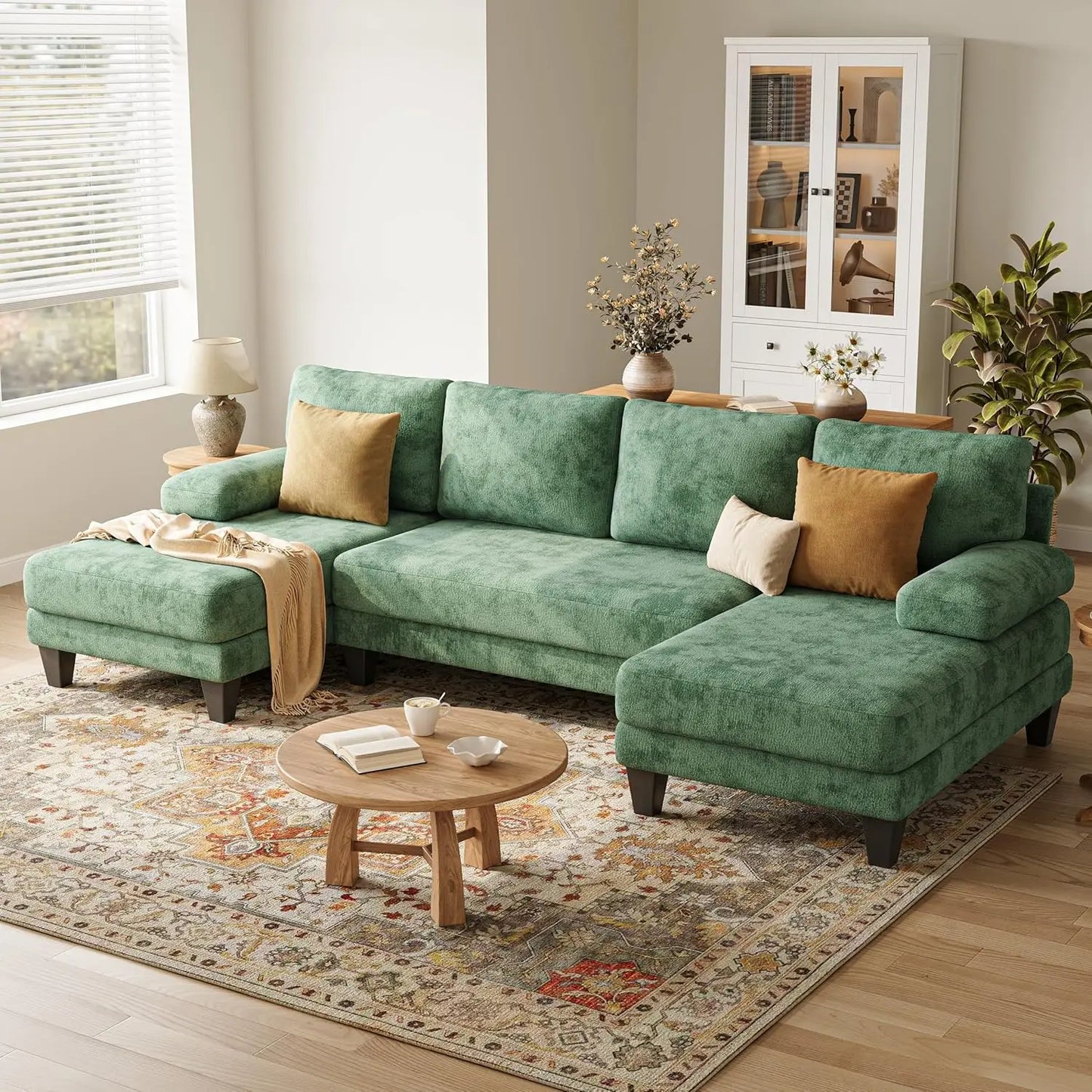 U-Shaped Sectional Couches for Living Room | Chenille Sofa with Double Chaise | 112 Inch Dark Grey Sectionals Couch, Customized