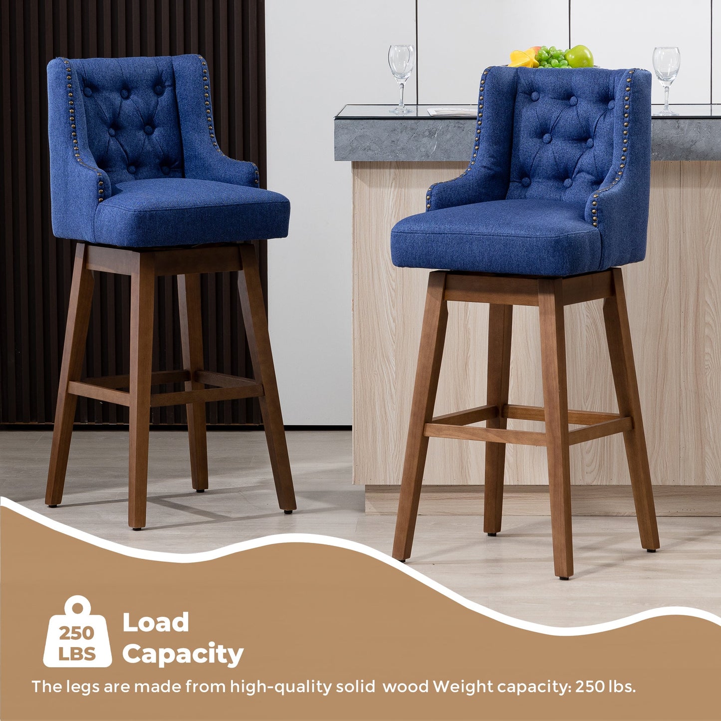 Bar Stools Set of 2 - Counter Height Chairs with Footrest for Kitchen.
